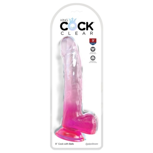 9" Clear Cock w Balls - Pink - Image 3